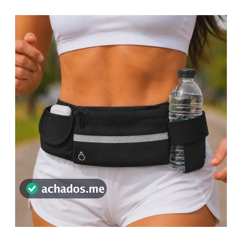 Pochete Esportiva Antifurto Corrida Com Suporte Para Garrafas Com Saída Fone De Ouvido Reforçada Resistente Ultra Slim Fitness Pochete Cintura Para Exercícios Academia Prova D'agua Cor Preto