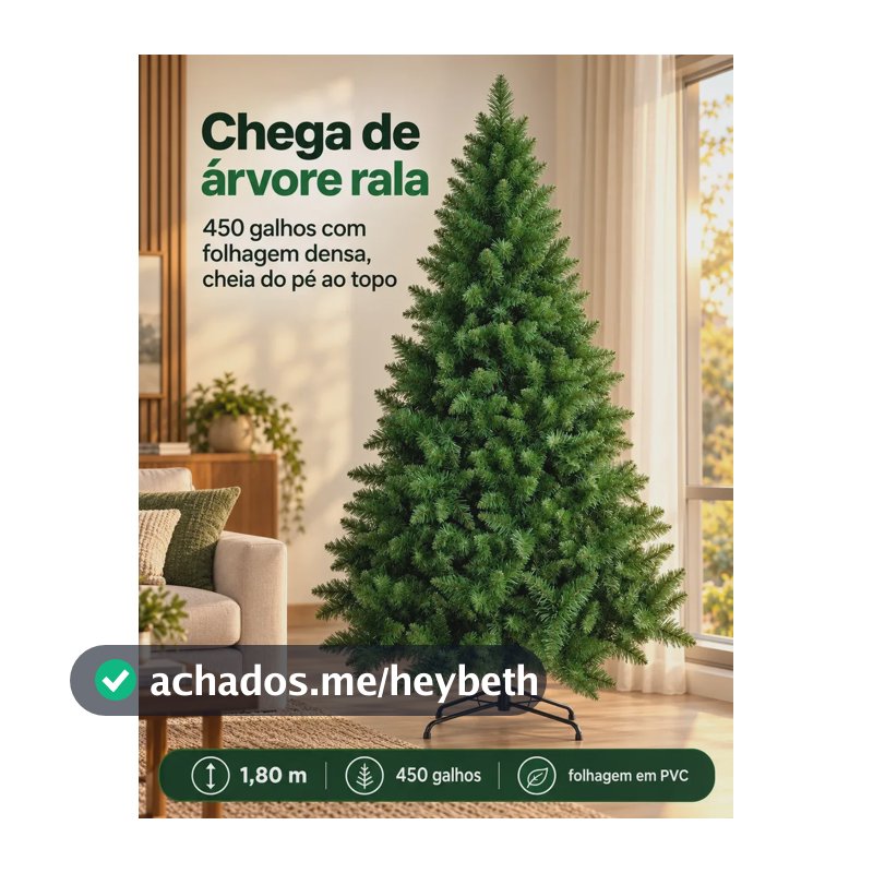 Árvore de Natal 1,80m 450 Galhos Pinheiro Verde Cheia Grande com Pé de Ferro Reforçado 180cm Folhagem Densa em PVC Galhos Moldáveis Já Presos Montagem Prática Tradicional para Sala Mia Utilidades
