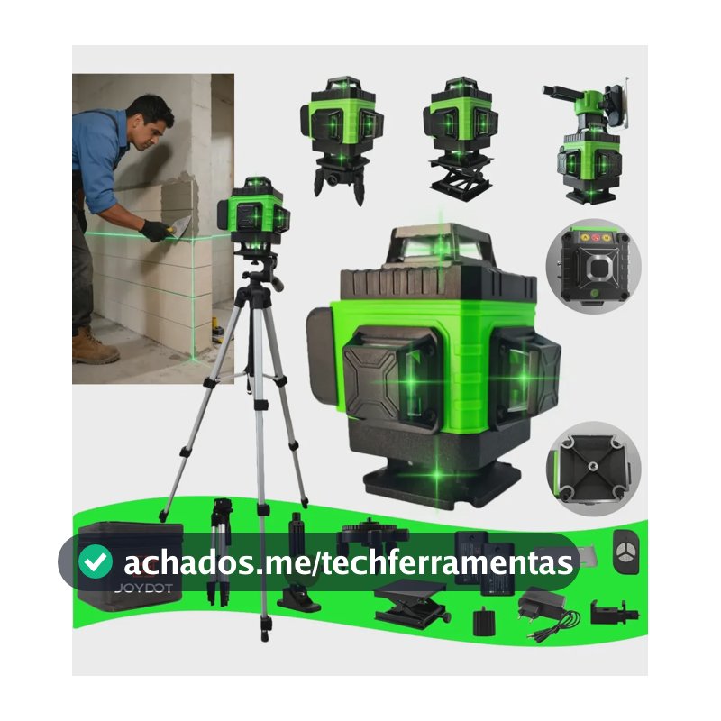 Nível a Laser 16 Linhas Verde 360° Profissional com Tripé e 2 Baterias Recarregáveis