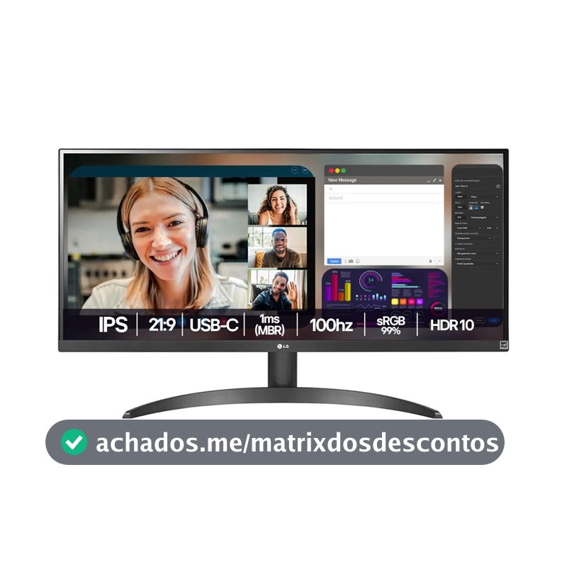 Monitor LG UltraWide - Tela IPS de 29", 21:9, HDR10, sRGB 99%, 100Hz, Preto- 29WQ500B