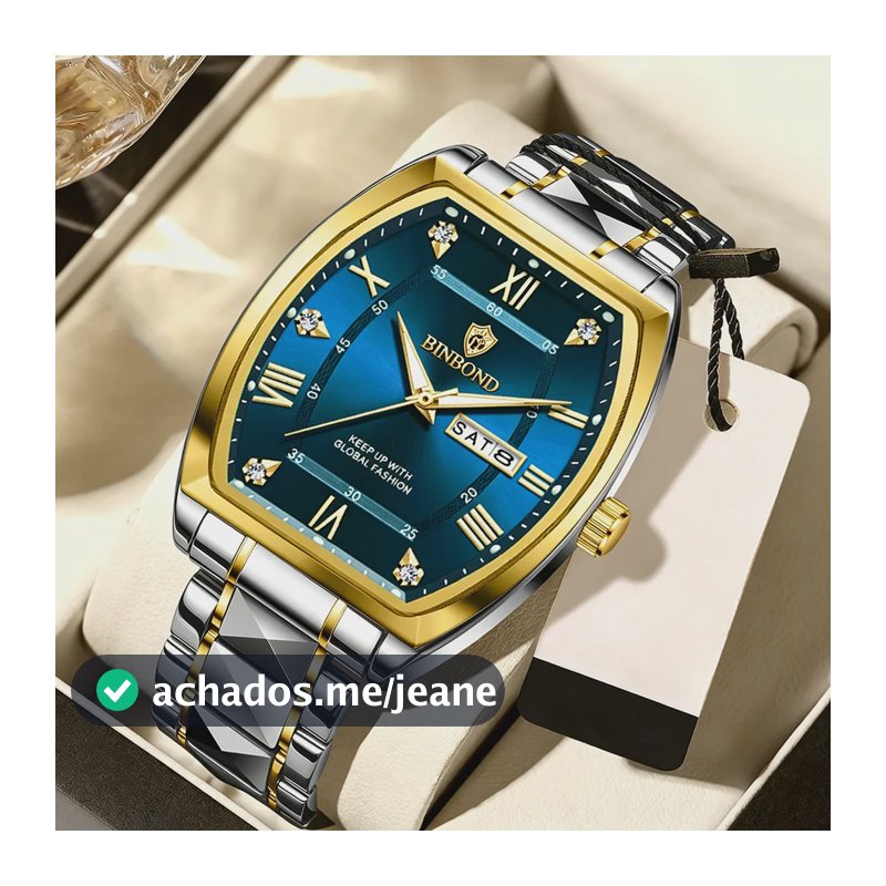 Relógio Masculino Quadrado Original Mostrador Grande Quartzo Dourado Azul