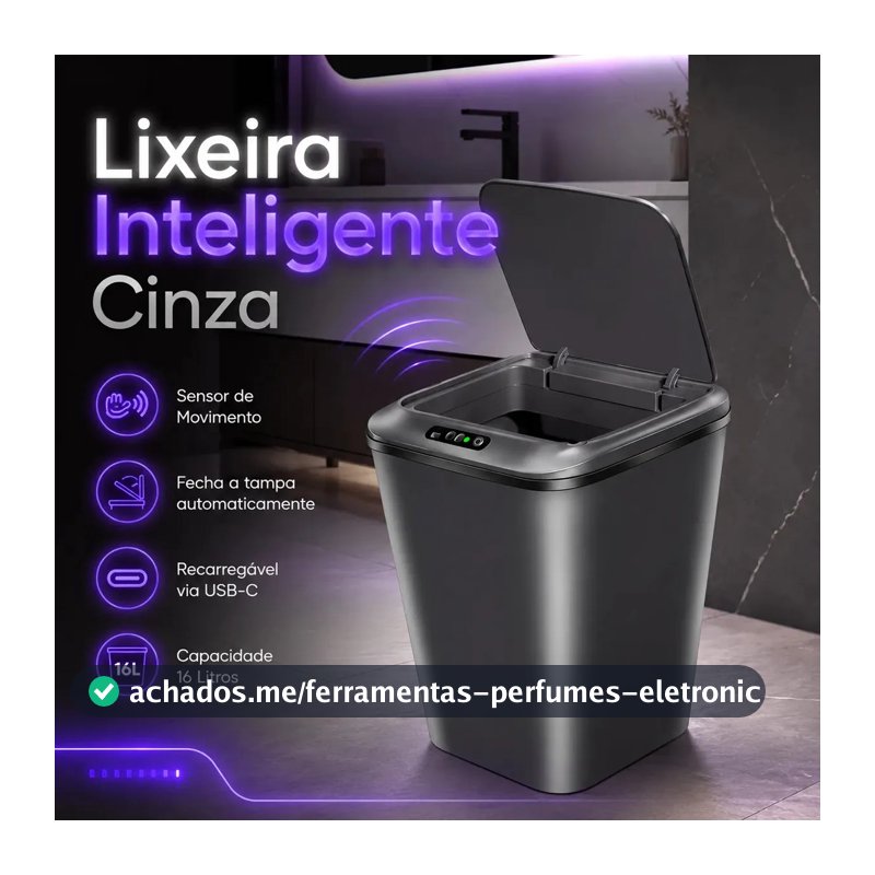 Lixeira Inteligente Sensor Automático 16l Cinza Smart Recarregável Para Banheiro E Cozinha