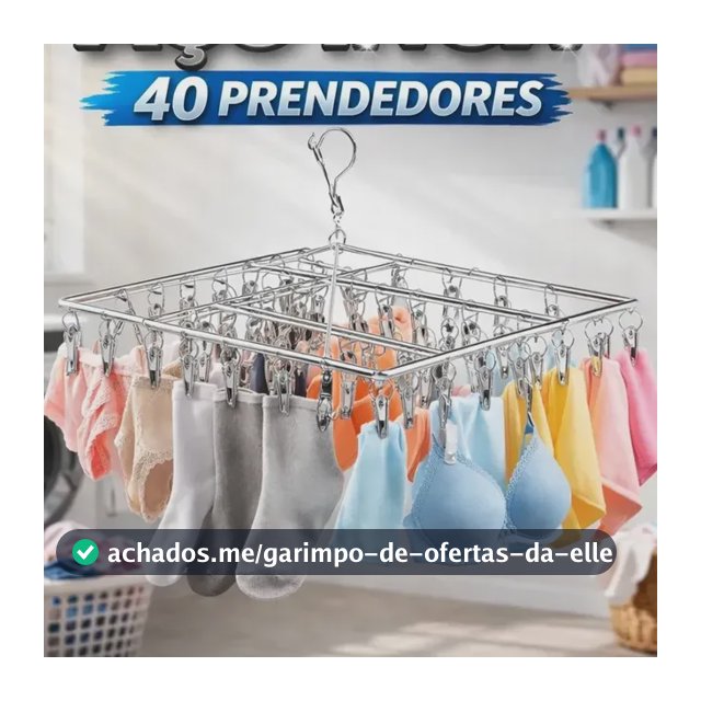 Varal Suspenso Tche Amo de Aço Inoxidável com 40 Prendedores para Roupa Íntima e de Bebê