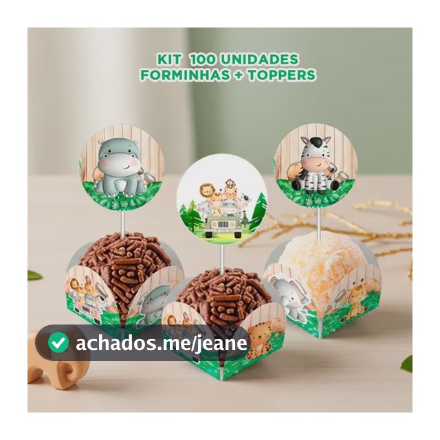 Kit 100 Forminhas Safári Com Toppers Para Doces Aniversário