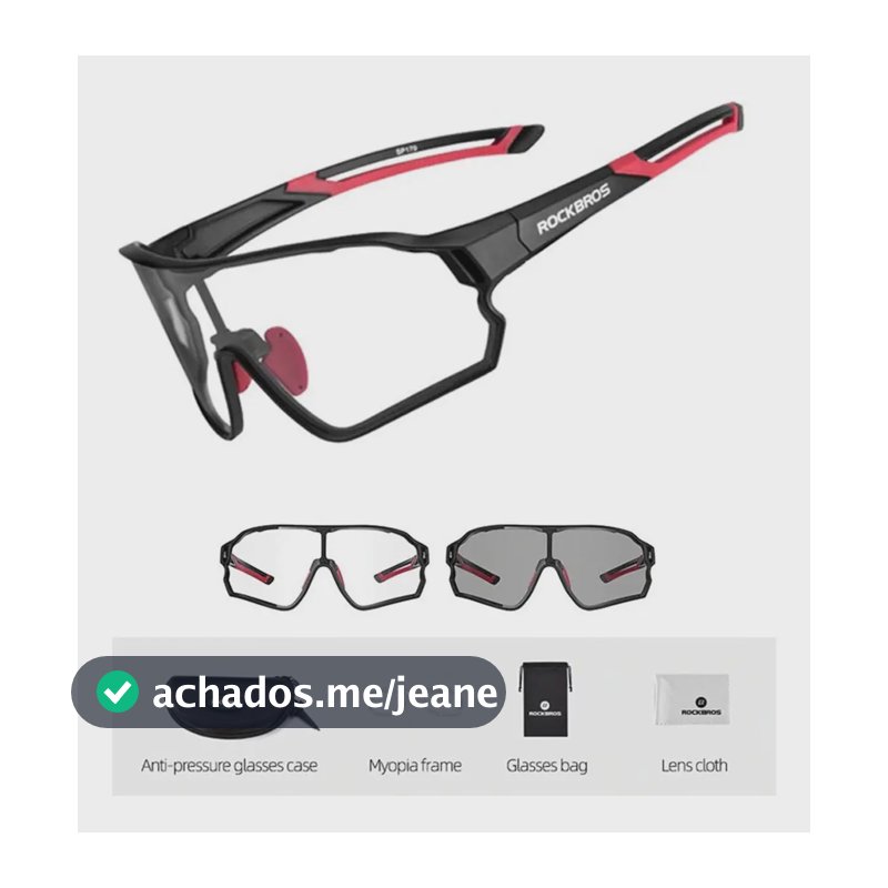 Óculos de Ciclismo Rockbros Fotocromático com Clip para Grau – Preto e Vermelho