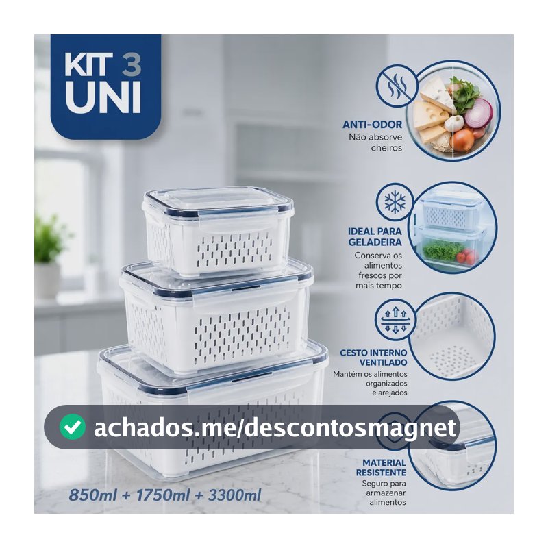 Kit 3 Recipientes Vedação Hermética Empilháveis Conservar Branco
