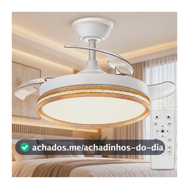 Ventilador de Teto Dourado 42" Com Pás Retráteis, Luz LED e Controle Remoto