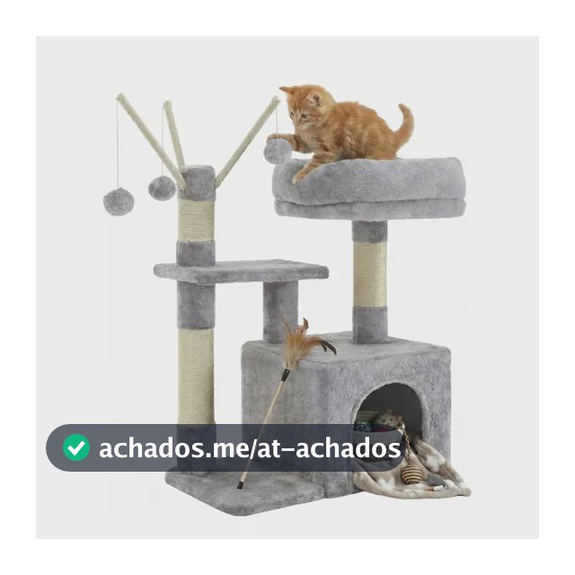 Arranhador Para Gatos Pequeno, Casa De Gato Com 3 Pompons Cinza