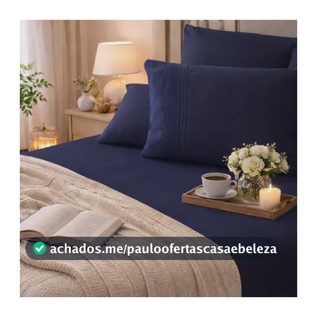 Lençol Percal 400 Fios Queen Bordado Inglês 3 Peças Macio Azul-marinho