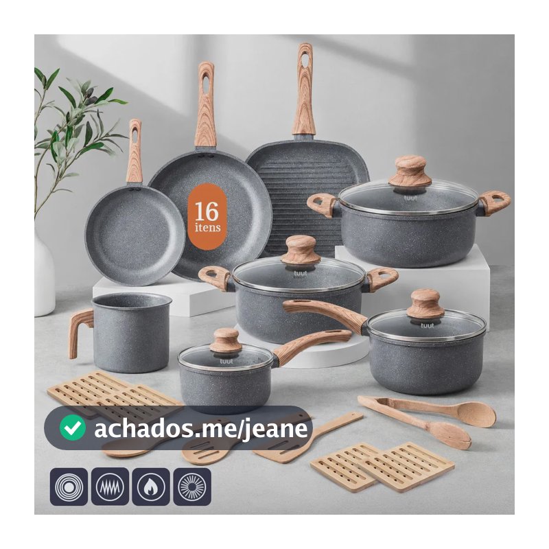 Jogo de Panelas Tuut Ecoglide com Grill – 16 Peças Antiaderente Cerâmica para Indução na Cor Granite