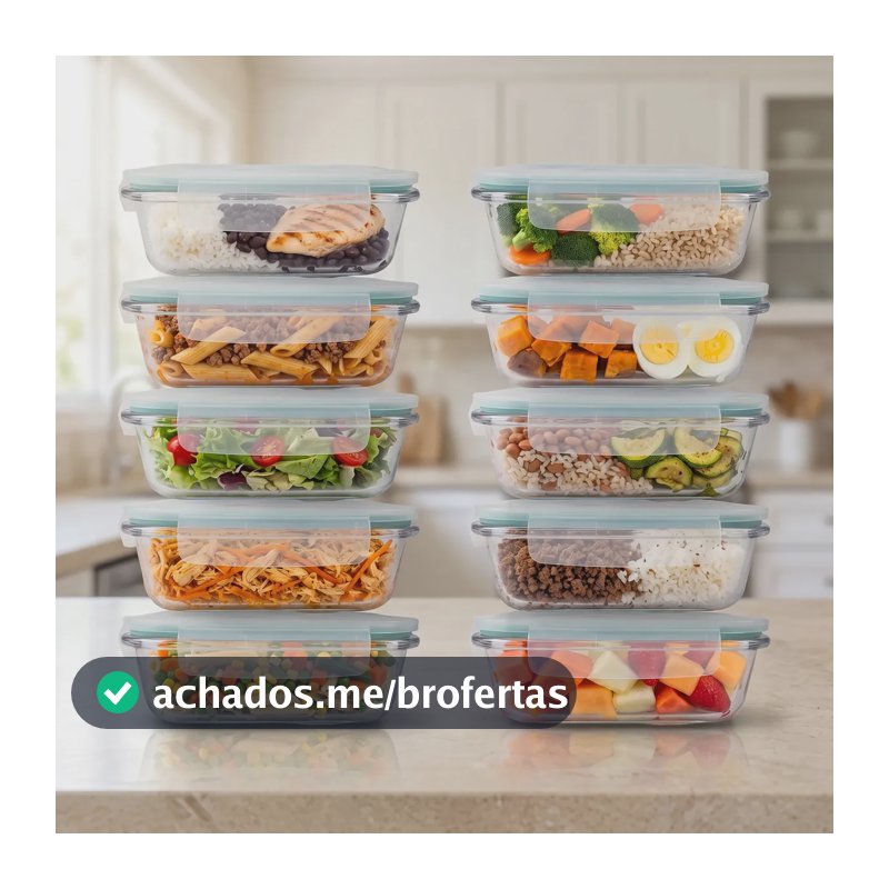 Kit 10 Potes Herméticos Vidro Alto Borossilicato Tampa 4 Travas Marmita Forno Micro-ondas Airfryer Freezer 640ml Zelvi