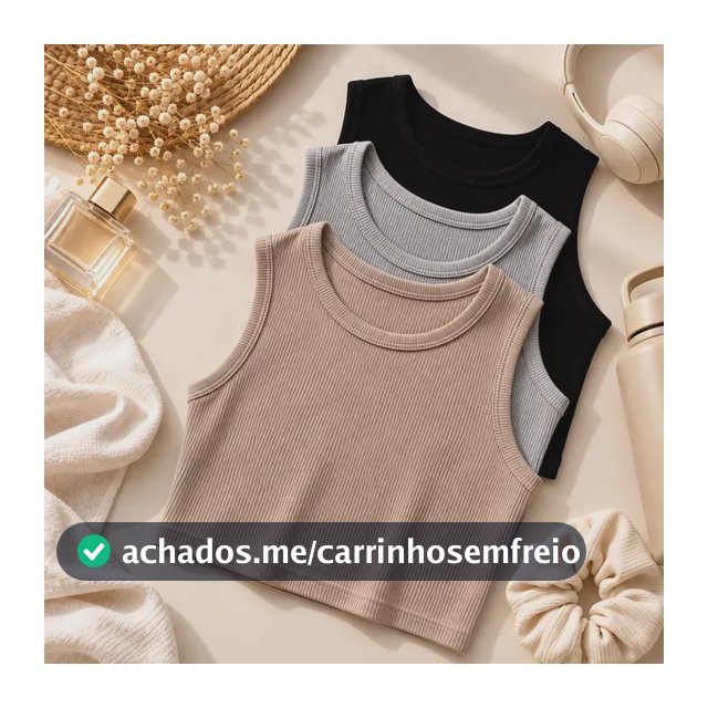 Kit 3 Cropped Regata Feminino Canelado Gola Redonda Blusa