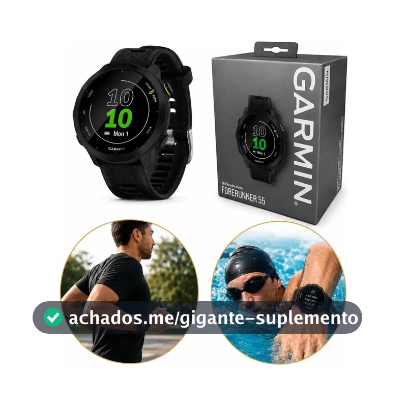 Relógio Garmin Forerunner 55 Monitor Cardíaco Gps 42mm Preto Corrida Caminhada Ciclismo Natação Monitoramento Sono Pace Calorias Distância Cronômetro Resistente Leve Esportivo Unissex Com Gps Rápido