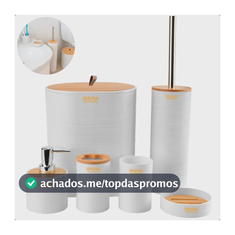Kit Banheiro Conjunto De Acessórios Moderno Bambu Lixeira Saboneteira Escova Cor Branco Irsina