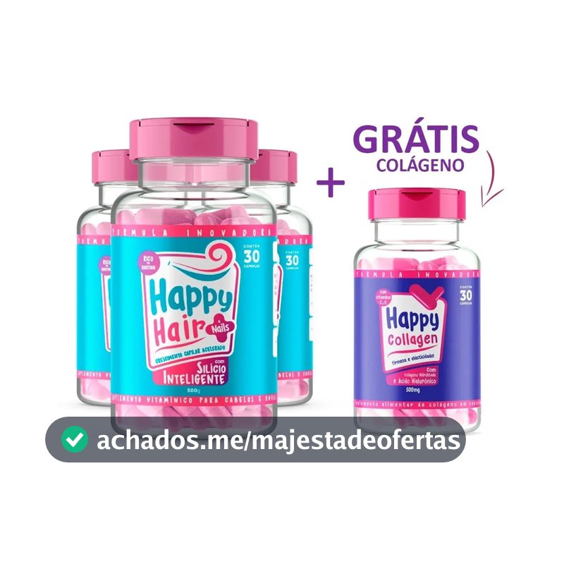 3x Happy Hair + Colágeno Com Ácido Hialurônico