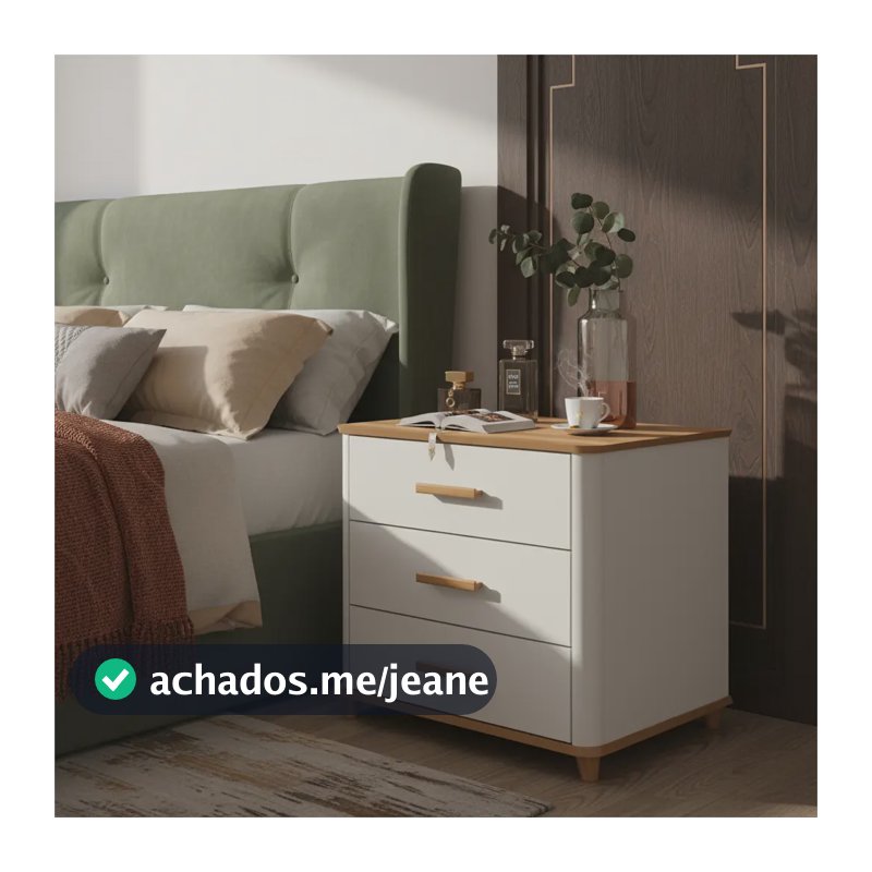 Mesa De Cabeceira Mini Cômoda 3 Gavetas Maitê Off white com brilho e nature com fosco