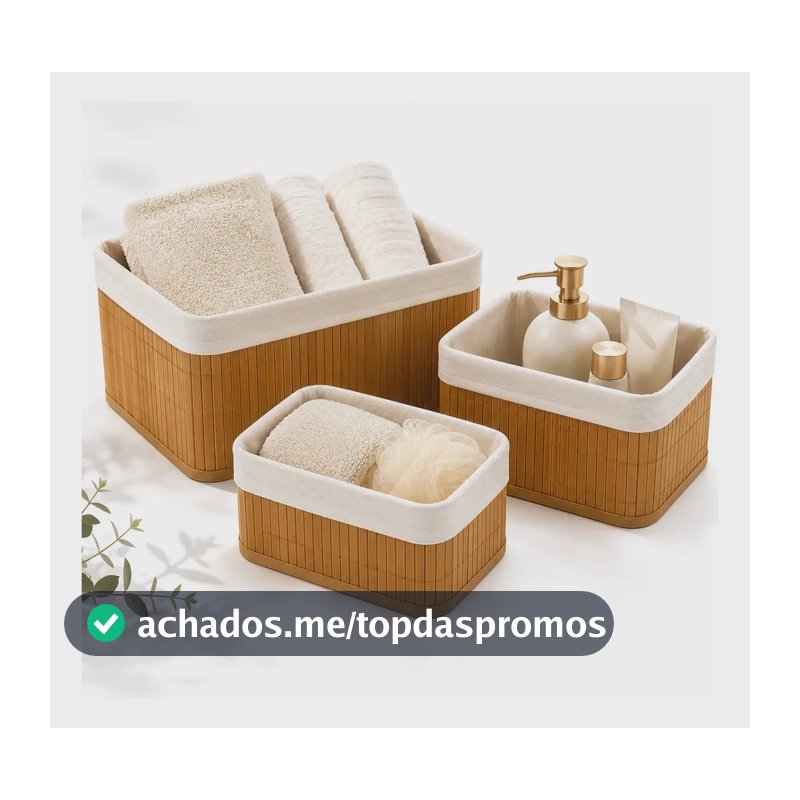Kit 3 Cestos Organizador De Bambu Com Forro Multiuso Quarto Banheiro Escritório Ciclo Alternativa Bege