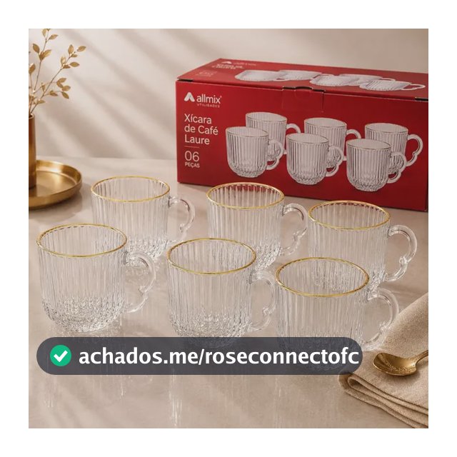 Conjunto 6 Xícaras Vidro Canelado Fio Dourado Café Chá 180ml