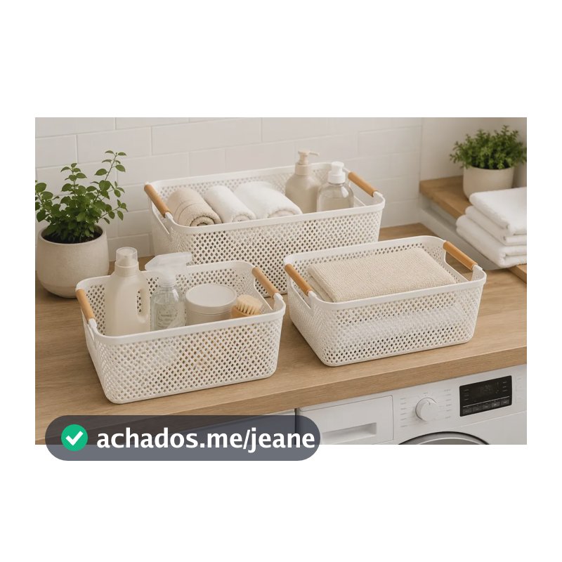 Kit 3 Cesto Organizador Multiuso Alça Madeira 27cm Branco