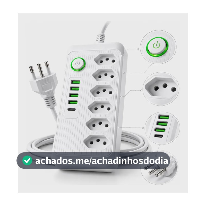 Extensão Régua Elétrica 5 Tomadas 4 Usb 2 Tipo C Cabo 2m Branco 127/220v