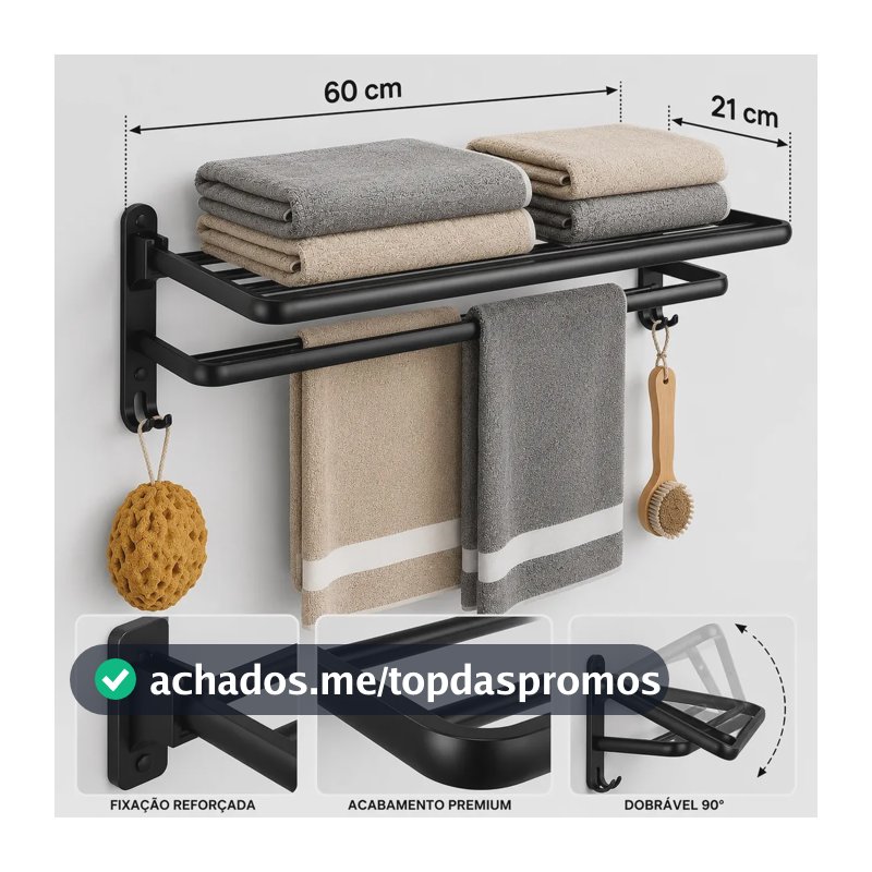 Porta Toalha Para Banheiro De Parede Preto Fosco 60cm Com Ganchos Suporte Toalheiro Duplo Grande