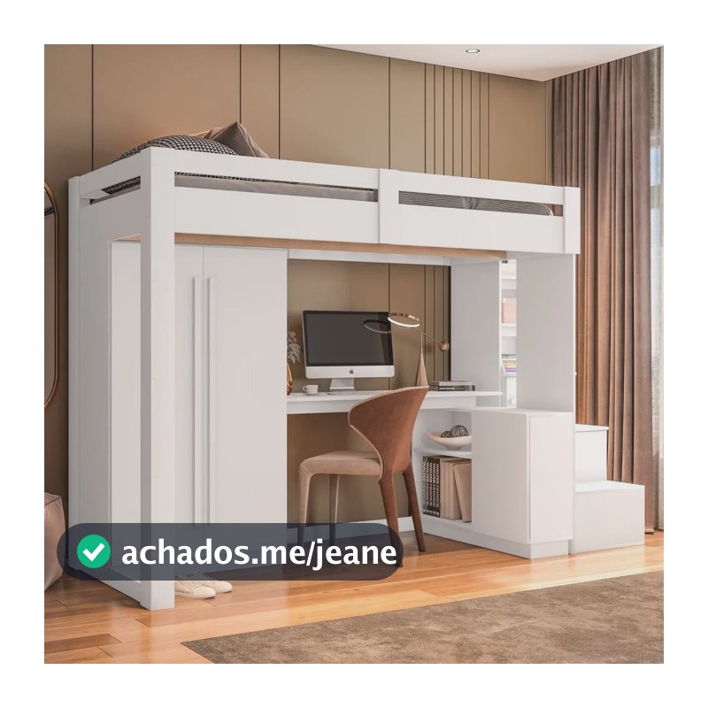 Cama Alta Multifuncional Solteiro Branco Yescasa com Roupeiro e Escrivaninha