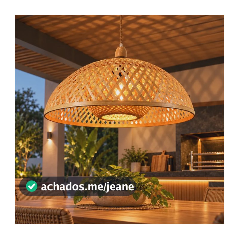 Luminária Pendente Bambu Natural Rústica Trançada Teto 127/220v Fio Marrom Madeira - 2 Metros