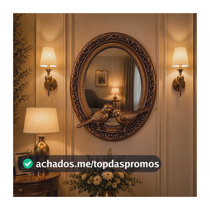 Espelho Decorativo Redondo Casa Banheiro Pássaros Moldura Cobre Antigo