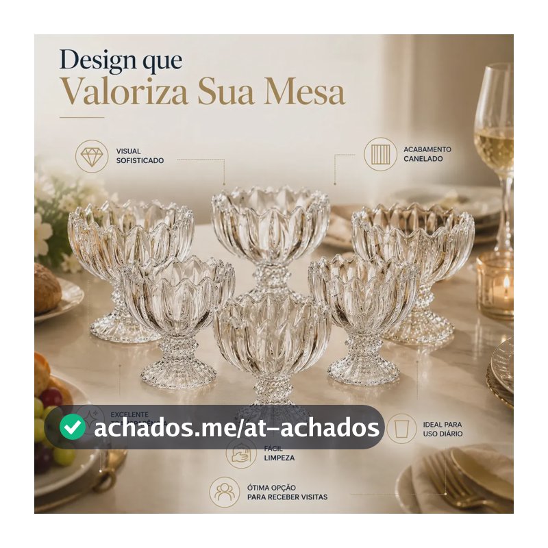 Kit 6 Taças de Vidro Cristal para Sorvete Sobremesa Açaí Mousse Salada de Frutas 135ml Canelada Transparente Base Decorativa Premium