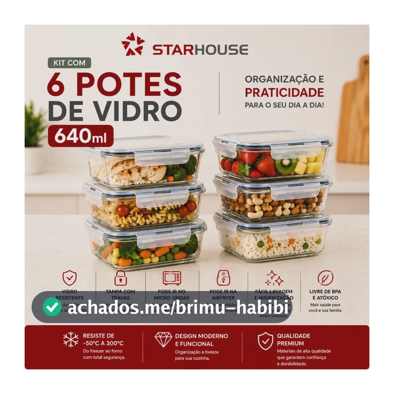 Kit 6 Potes 640ml Vidro Hermético 4 Travas Marmita Refratario Star House com 4 travas de super vedação
