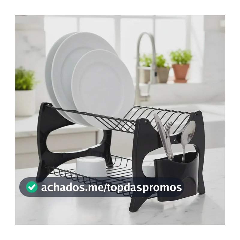 Escorredor de Louças Compacto 13 Pratos Porta Talher Preto Metaltru