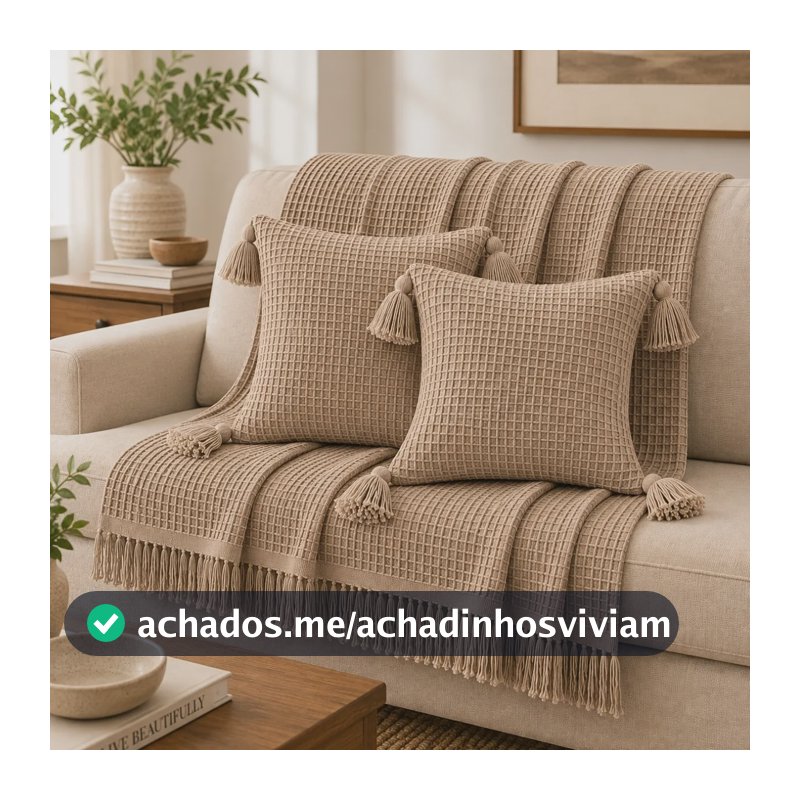 Kit Manta Xale Para Sofá + 2 Capas Almofada Ester Decorativa Areia