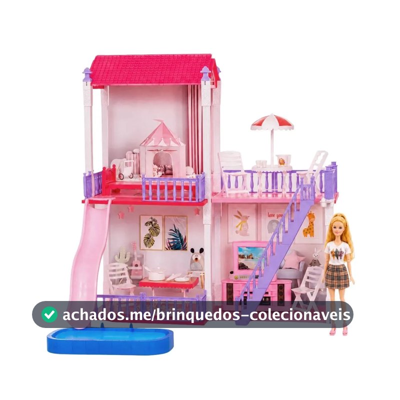Casinha de Boneca 2 e 3 Andares com Cômodos Grande Móveis Piscina Escorregador Boneca Articulada Maxi Toys - Lily
