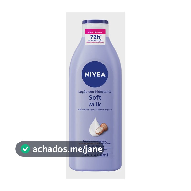 NIVEA Loção Deo-Hidratante Soft Milk 400ml, Hidratação Profunda 72h, Hialurônico Puro, Corporal, Pele Seca