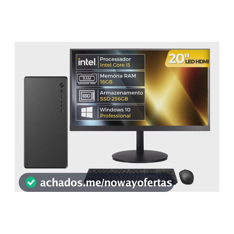 Computador Completo Intel Core i5, 16GB RAM, SSD 256GB, Monitor 20" LED, Windows 10 Pro, Bivolt, Preto - BluePC Office CDBP-OFF100