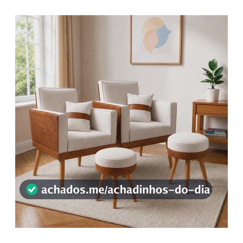 Kit 2 Poltrona Sala Lis Almofada 2 Puff Redondo Corino Suede Bege