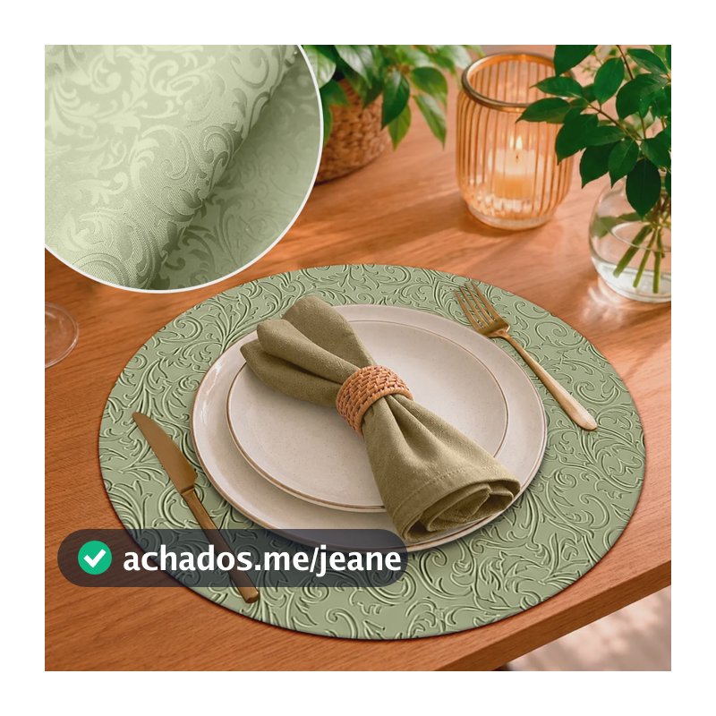 6 Jogo Americano Redondo Retro Impermeável Pvc Al Condessa Verde Pistache Kit Peças Imita Bordado Luxo