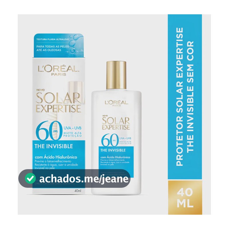 Protetor Solar Facial FPS 60 Antifotoenvelhecimento com Ácido Hialurônico, Textura Leve e Resistente à Água, Sem Cor, Solar Expertise L'Oréal Paris 40g