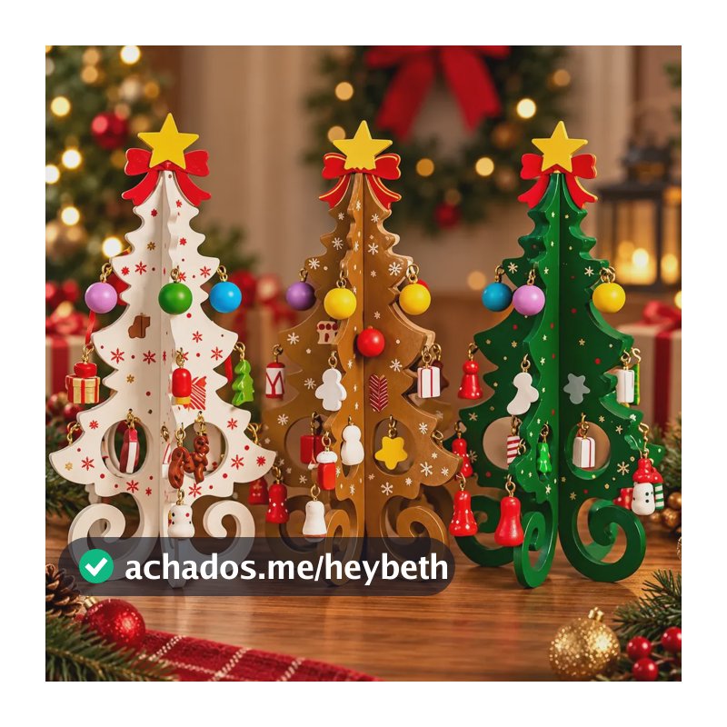 Mini Árvore De Madeira Mesa De Natal Com Enfeites Natalinos Branco