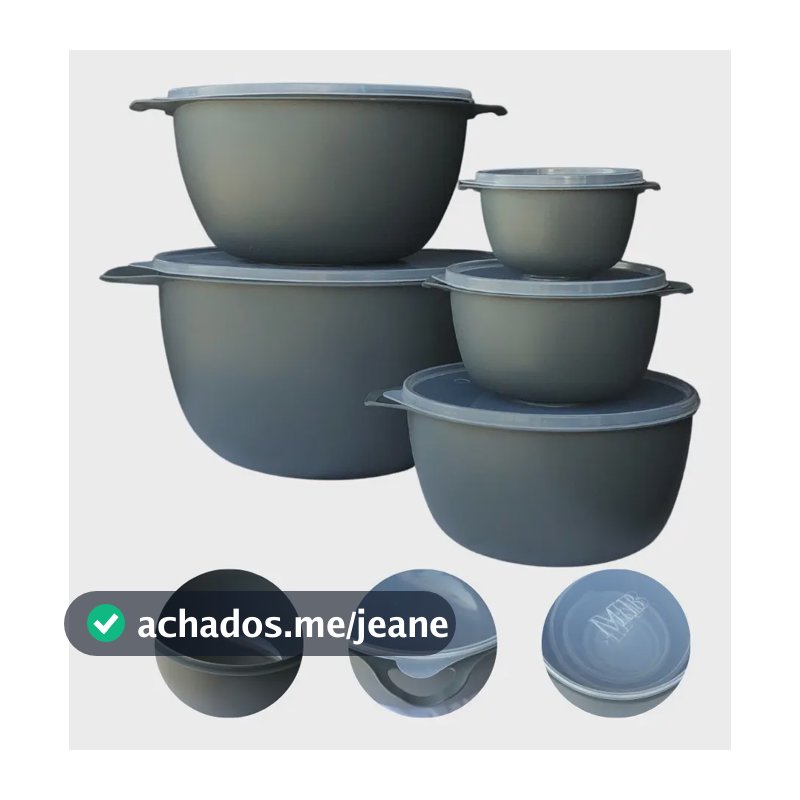 Kit 5 Vasilhas Plásticas Caçarola Alimento Tampa Cozinha Cinza