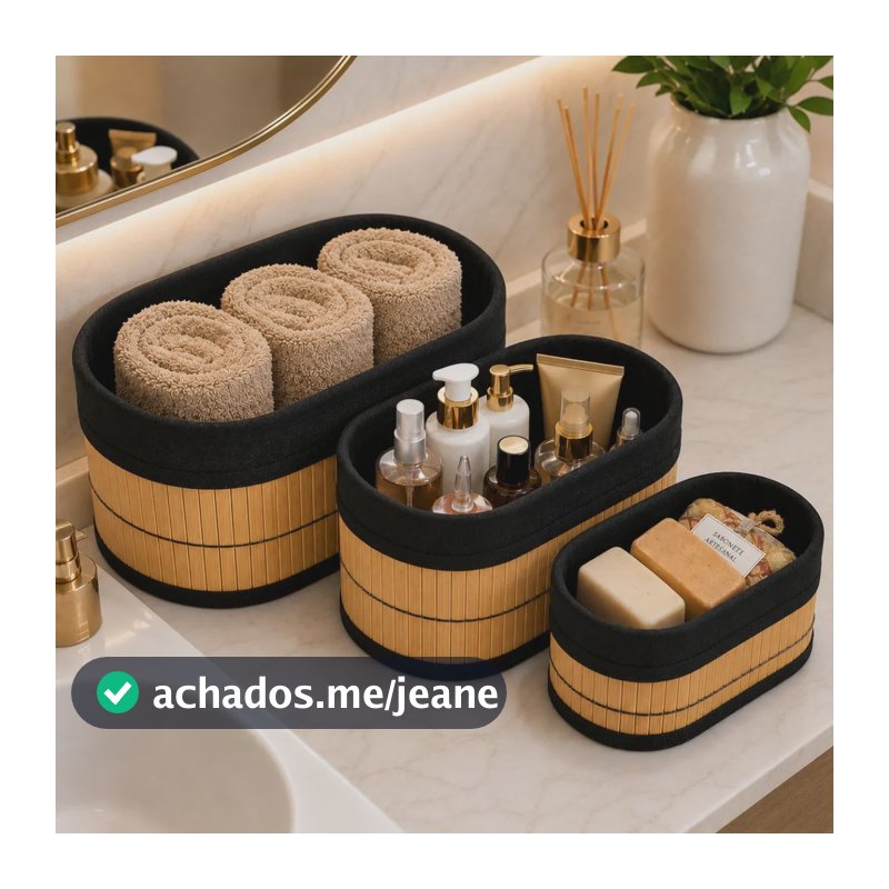 Kit 3 Cestos Organizadores Bambu Banheiro Lavabo Multiuso Bambu