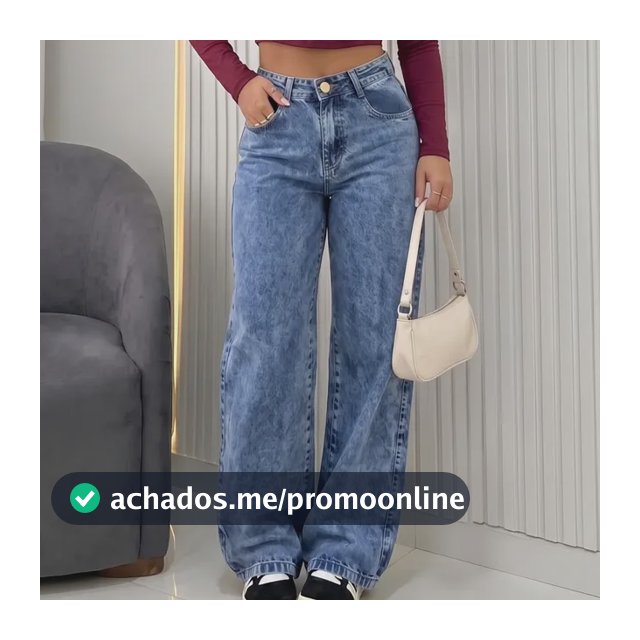 Calça Wide Leg Feminina Jeans Pantalona Levanta Bumbum Moda Azul Marmorizado 40