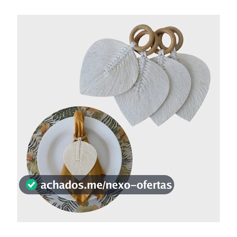 Kit 4 Porta Guardanapo De Mesa Macramê Anel Madeira Rustica Cor Cru
