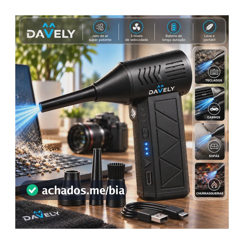 Mini Ventilador Soprador Ar Potente Turbo 130000rpm Assoprador Elétrico Sem Fio Recarregável USB-C 3 Níveis Jato Forte Portátil Multiuso Limpeza Teclado Carro Acende Churrasqueira Davely