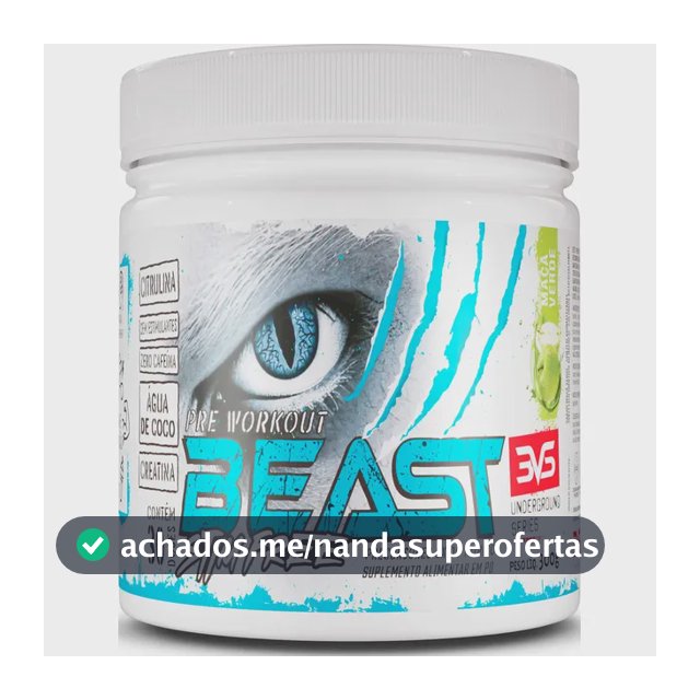 PRÉ TREINO SEM CAFEÍNA BEAST 300g - Sabor Maçã Verde - Fórmula Exclusiva com Citrulina, Beta Alanina, Creatina, Água de Coco, Arginina, Taurina e Tirosina