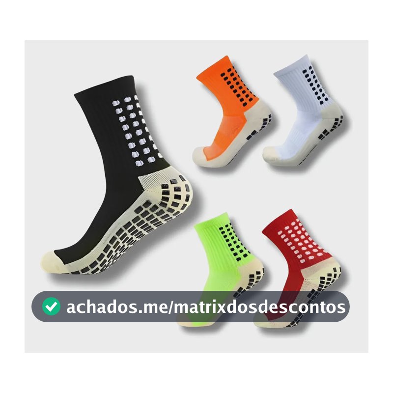 Kit 5 Pares Meia  Antiderrapante Esportiva Futebol Treino Branca Preta Vermelha Verde Laranja