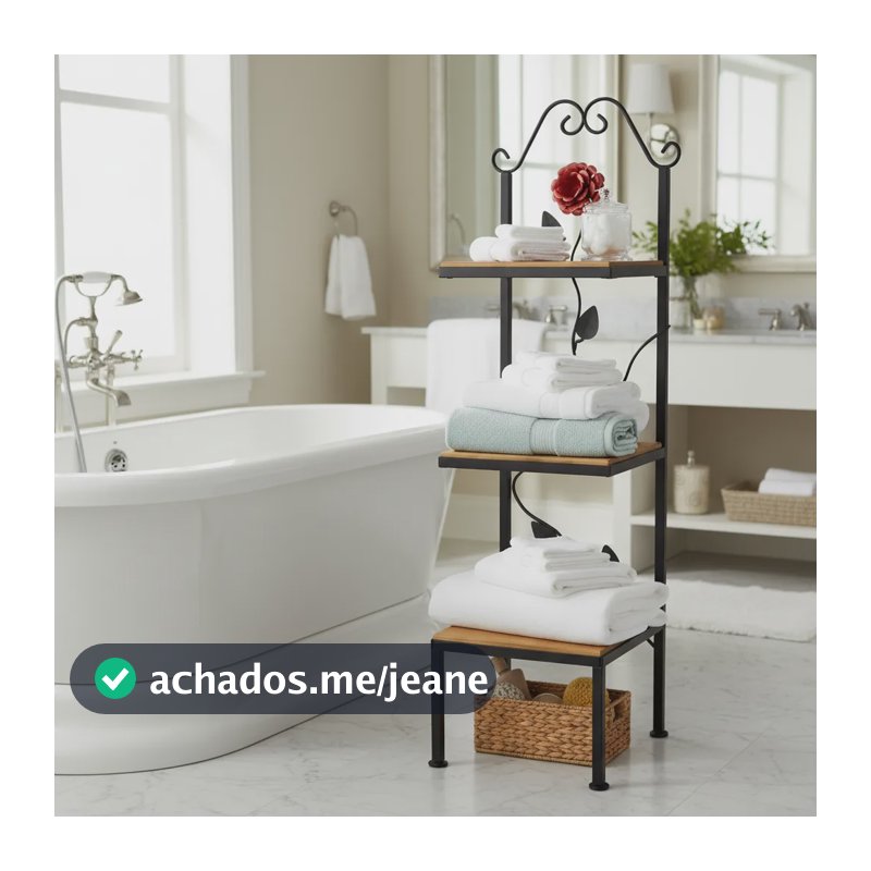 Porta Toalhas Decor Banheiro Lavabo Ferro Madeira 3 Andares Preto