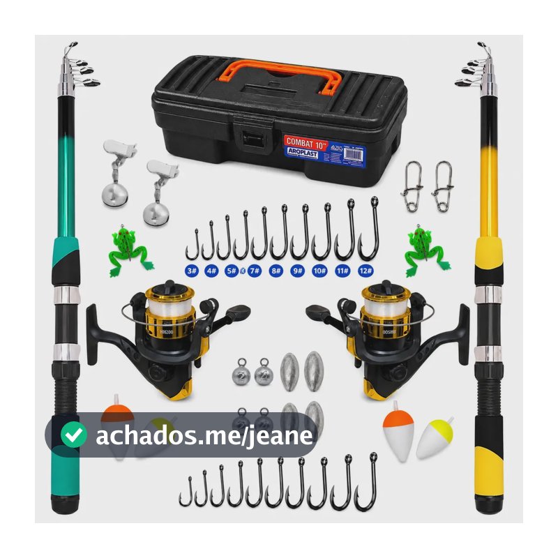 Kit Pesca Super Completo Premium Com Todos Acessórios Inclui 2 Varas + 2 Molinetes + 1 Maleta + 2 Guizos + 2 Iscas... Sortida