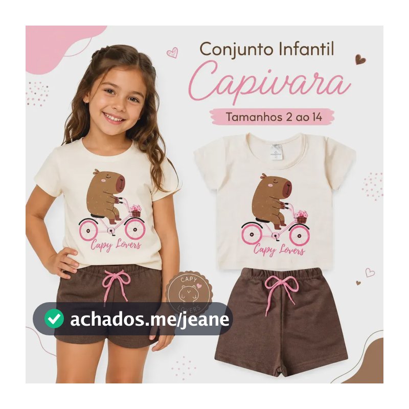 Conjunto Infantil Menina Shorts E Camiseta Capivara Marrom E Off 10