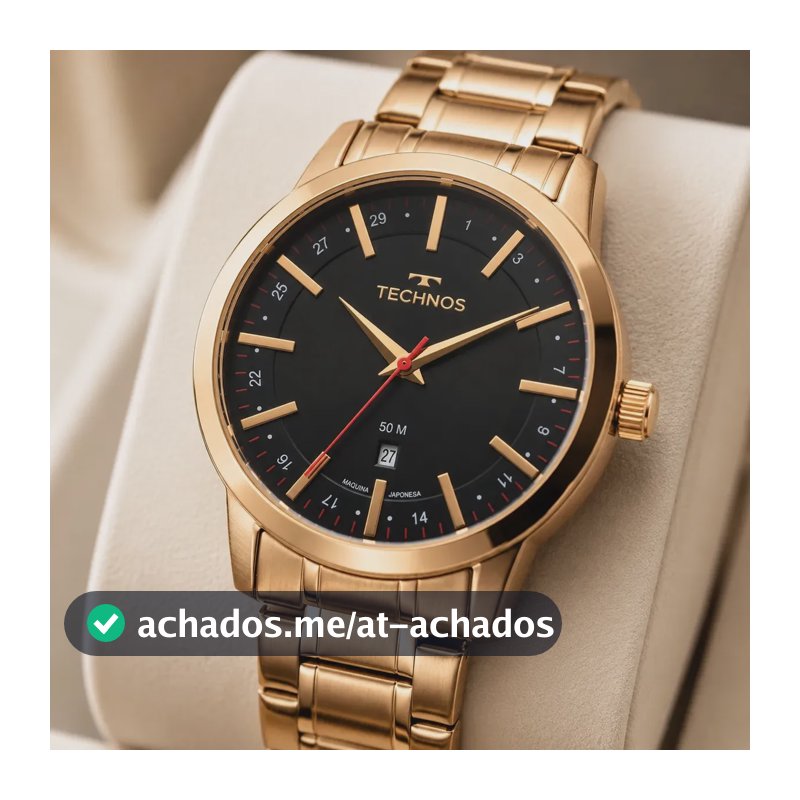 Relógio Technos Masculino Dourado de Aço Inox Analógico com Calendário